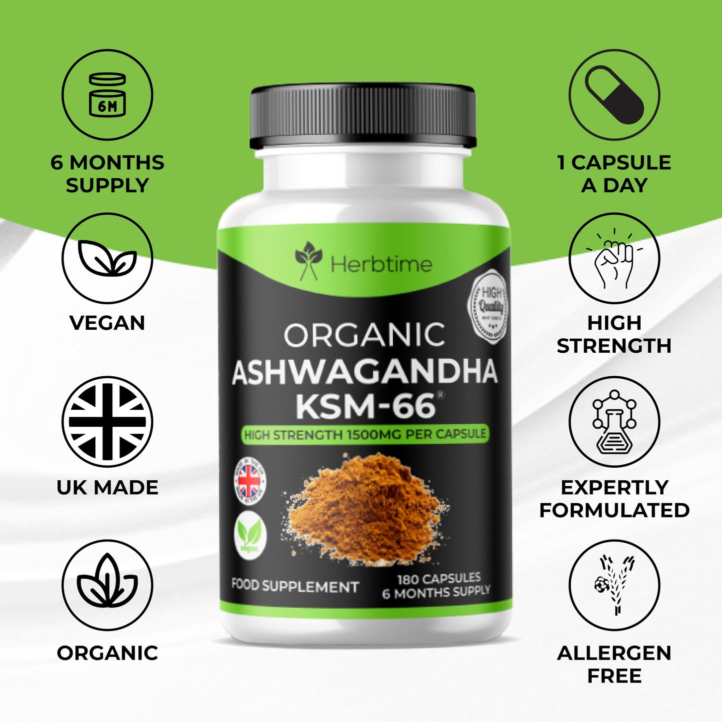 Herbtime Ashwagandha KSM 66, 180 Vegan Capsules 1500mg (6 Months Supply) High Strength Ashwagandha Extract 1500mg Per Capsule UK Made, Boosted with 5% Withanolides