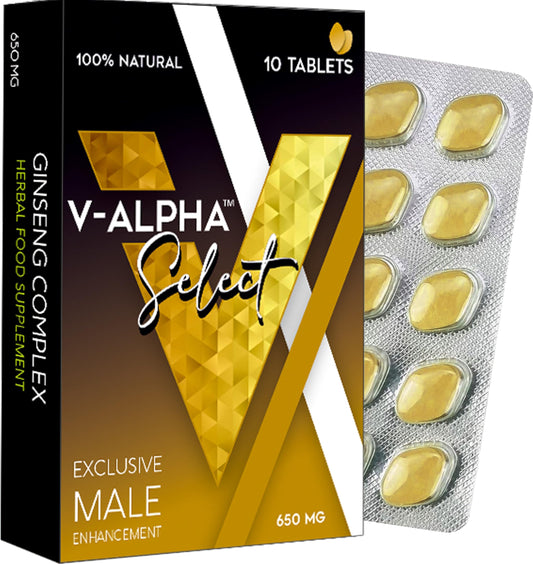 V-ALPHA Select - Longer, Stronger, and Harder – Performance and Stamina Endurance Booster Herbal Supplement for Men with Ginseng – 10 Tablets