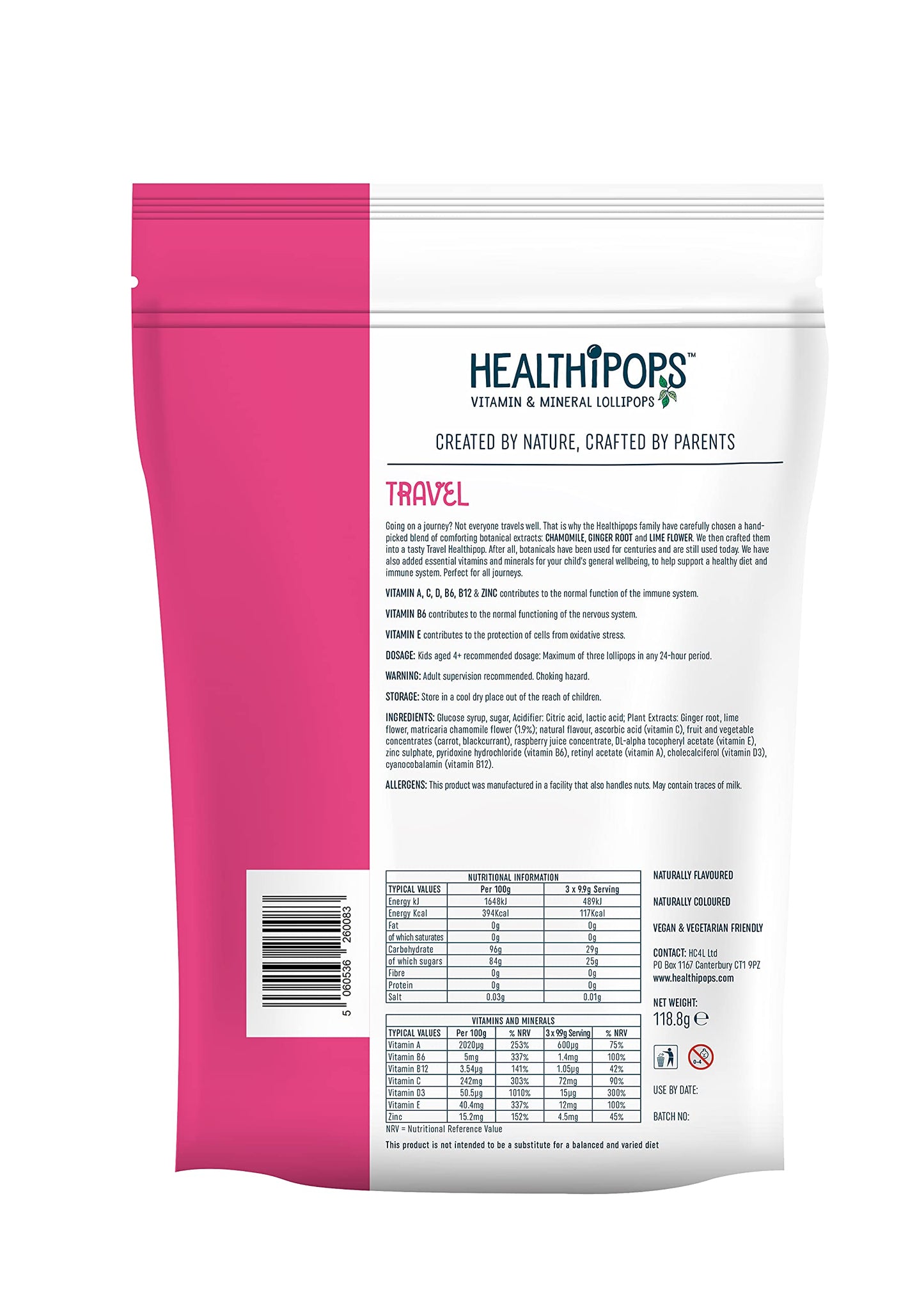 Healthipops Vitamin & Mineral Lollipops Travel Suitable for Ages 4+ with Added Soothing Botanicals, Ginger Root, Chamomile and Lime Flower, Raspberry Flavour 12 Lollipops