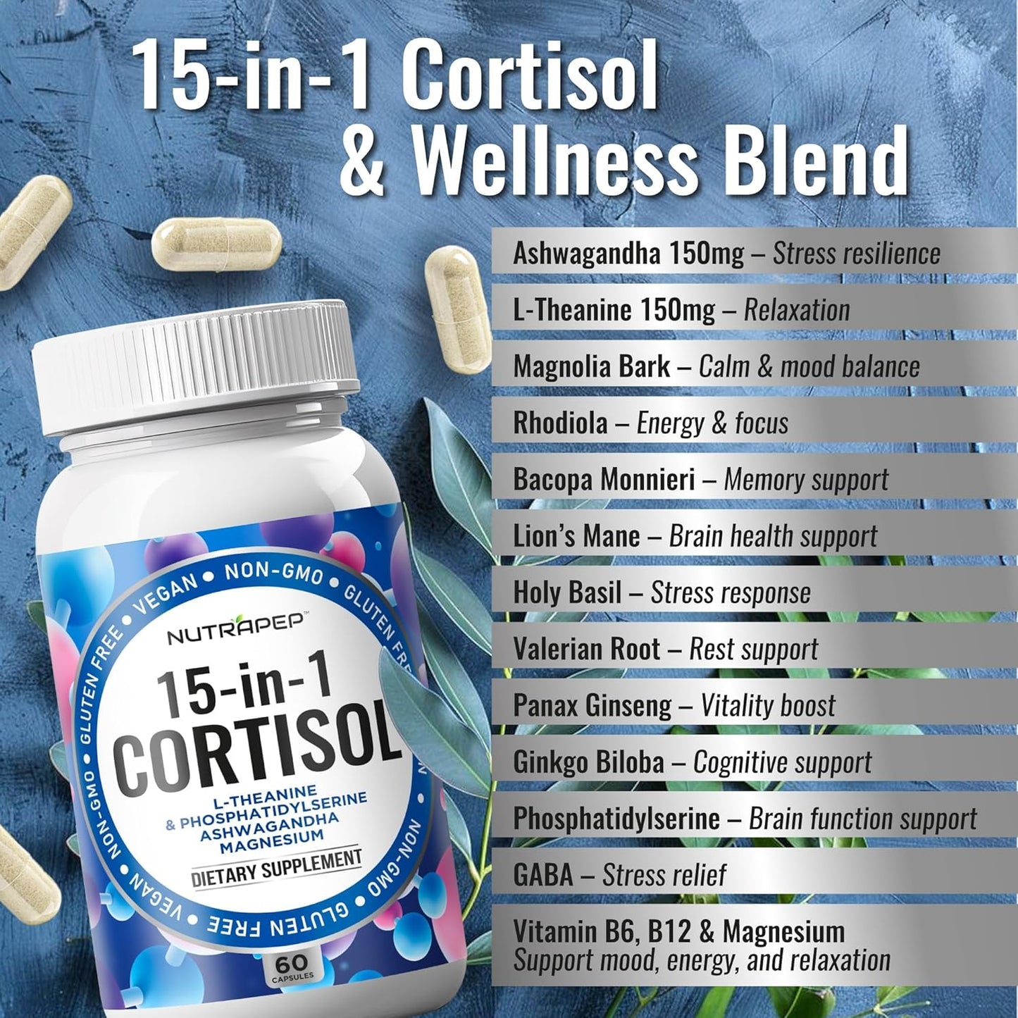 15-in-1 Cortisol Detox Supplement Men Women - Reduce Lower Cortisol High Cortisol Reducer Blocker Control - Supports Stress Mood Rest Adrenal Calm Relax with Ashwagandha L-Theanine Magnesium