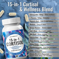 15-in-1 Cortisol Detox Supplement Men Women - Reduce Lower Cortisol High Cortisol Reducer Blocker Control - Supports Stress Mood Rest Adrenal Calm Relax with Ashwagandha L-Theanine Magnesium