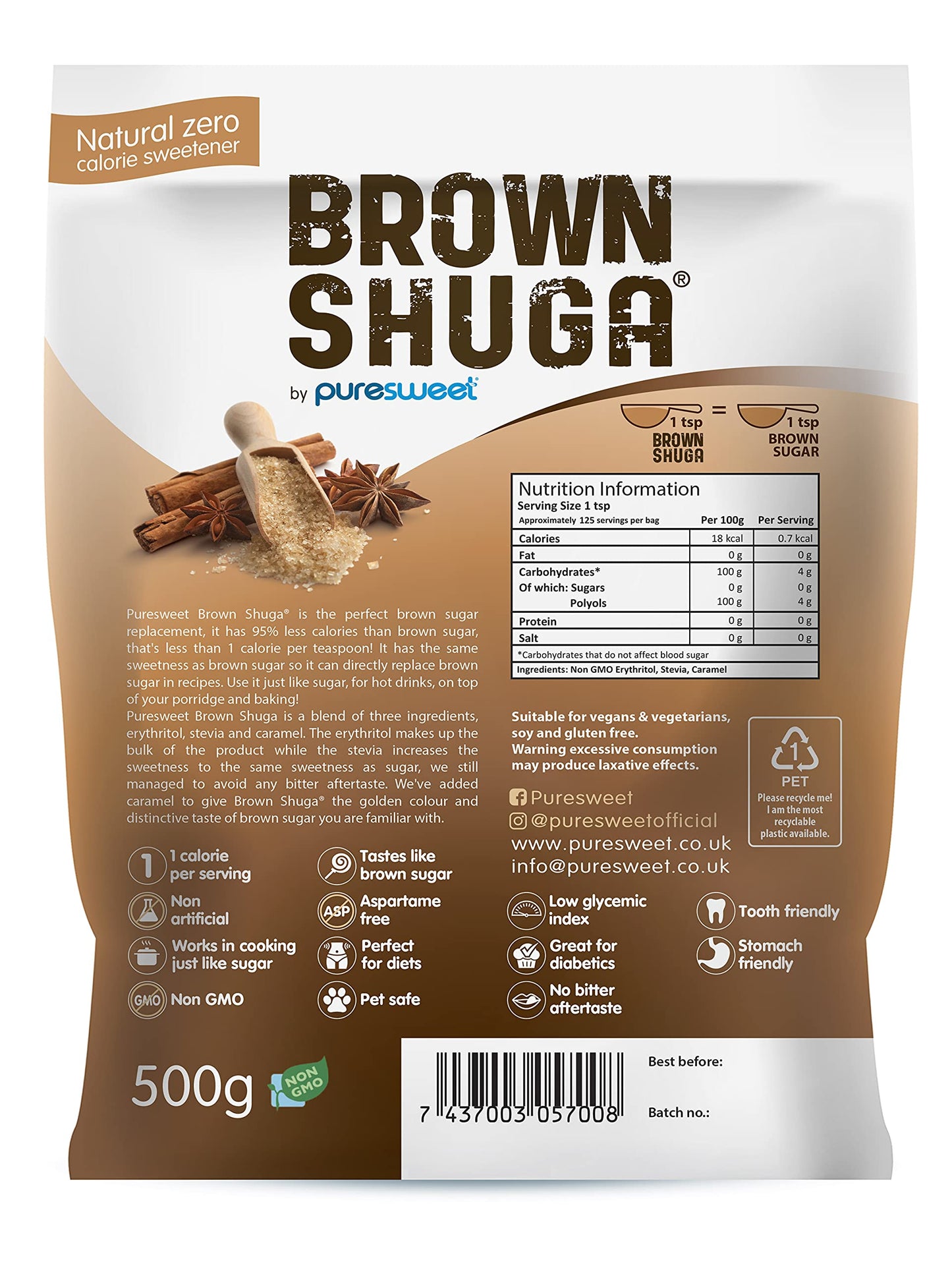 Brown Shuga® by Puresweet 500g, Natural Brown Sugar Alternative, No Bitter Aftertaste, Keto and Diabetic Friendly, Non GMO, Vegan, with Stevia.
