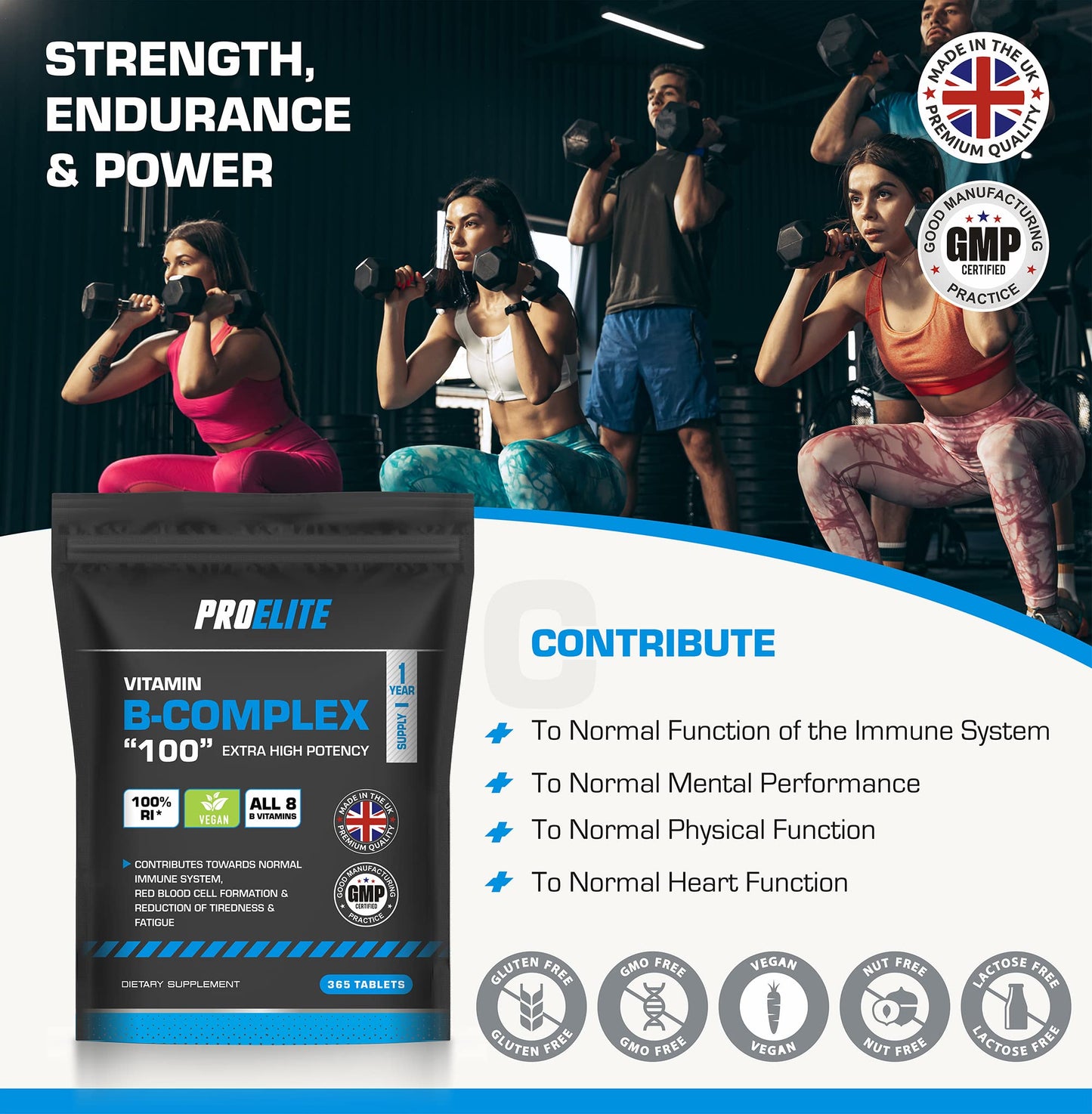Vitamin B Complex - 365 High Strength Tablets (1 Year Supply) - All 8 B Vitamins B1 - B2 - B3 - B5 - B6 - B12, Biotin, Folic Acid - Reduction of Tiredness & Fatigue PROELITE
