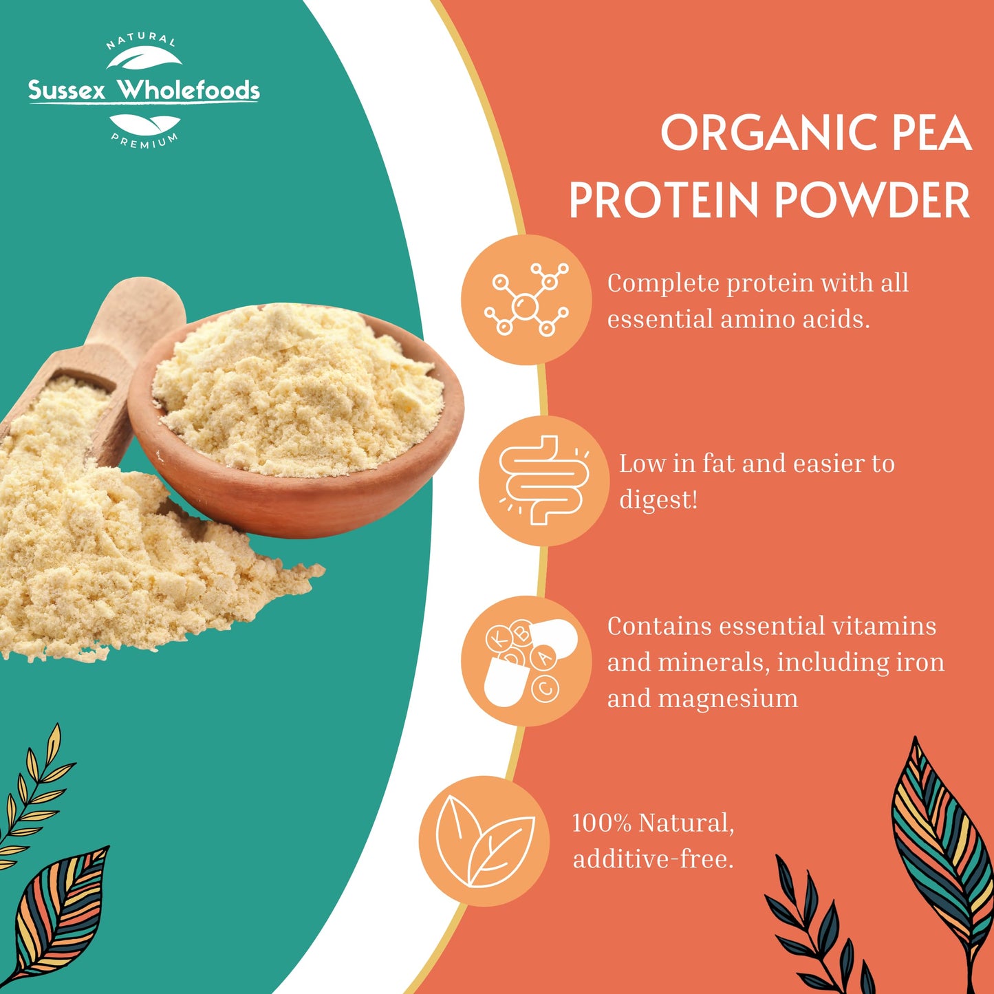 Sussex Wholefoods Organic Pea Protein Powder 500g - Plant-Based, High Protein & Ideal for Shakes & Baking