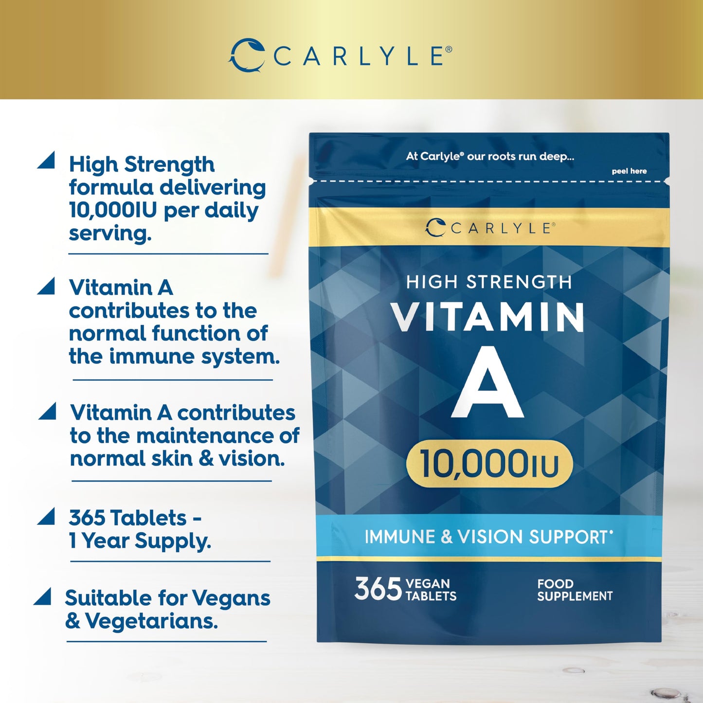 Vitamin A 10000 IU | 365 Tablets | Vitamin A as Retinol Acetate | High Strength | One Years Supply | Vegan and Vegatarian | by Carlyle