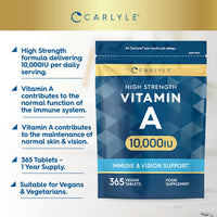 Vitamin A 10000 IU | 365 Tablets | Vitamin A as Retinol Acetate | High Strength | One Years Supply | Vegan and Vegatarian | by Carlyle