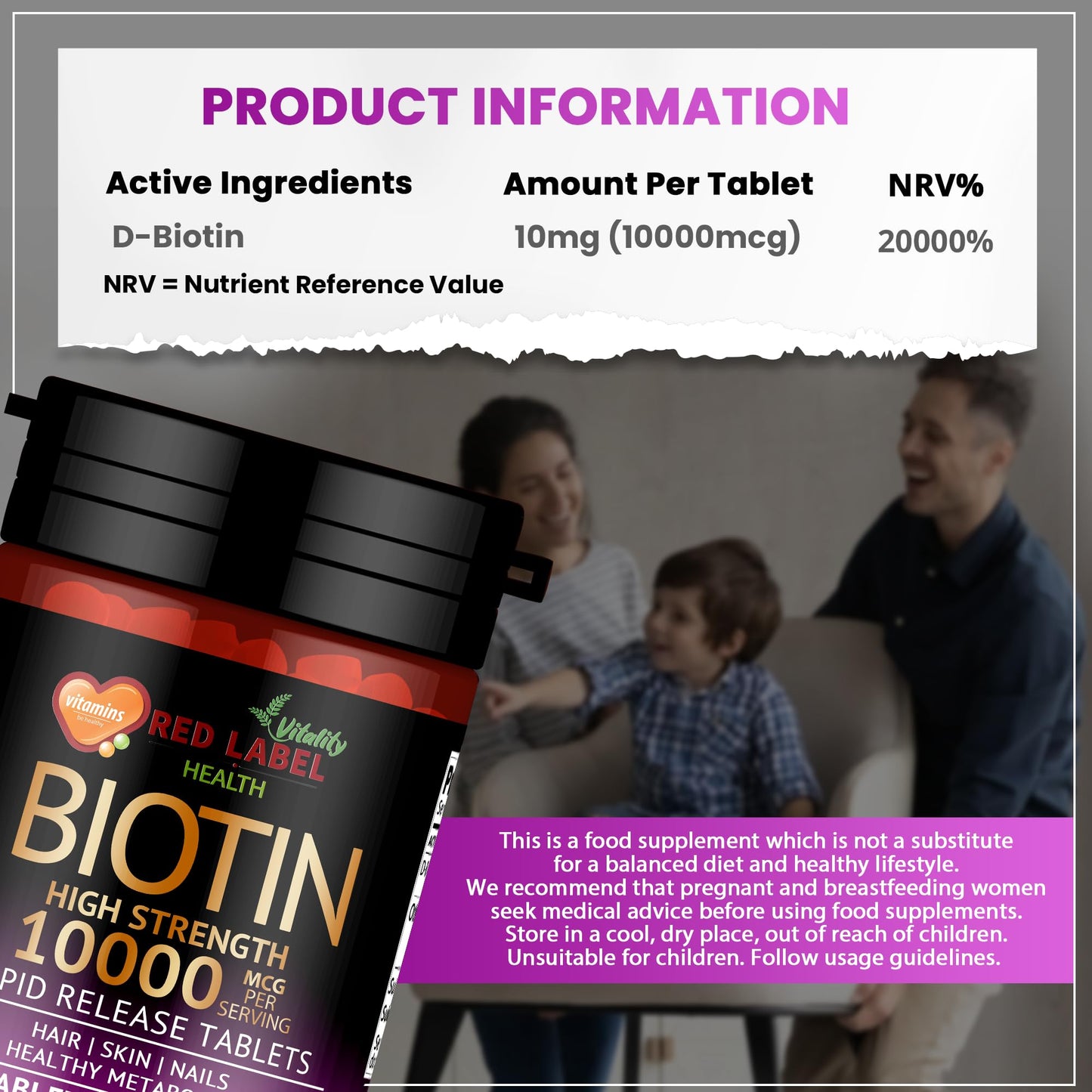Red Label Health Biotin Hair Growth Supplement 10000mcg - 365 Vegan Tablets (1 Year Supply) - Hair Skin & Nails Vitamins for Women & Men - High Absorption D-Biotin - Hair Growth Vitamins (Not Biotin Gummies)