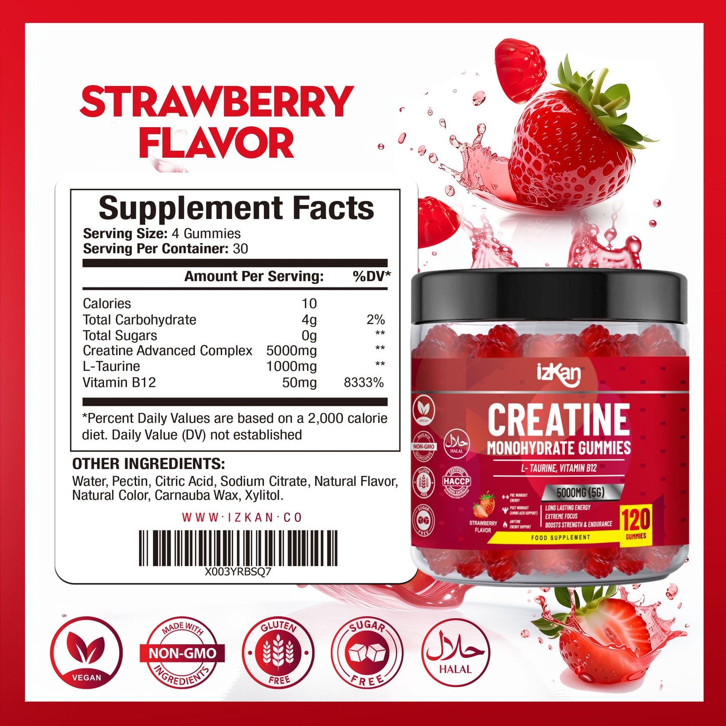 Izkan Creatine Gummies 5000mg (5G) for Men & Women - 120 Chewable Creatine Monohydrate Gummies Strawberry Flavoured | Pre Workout Gym Supplement| Muscle Boost| 4 Per Day - Vegan & Halal (2X)