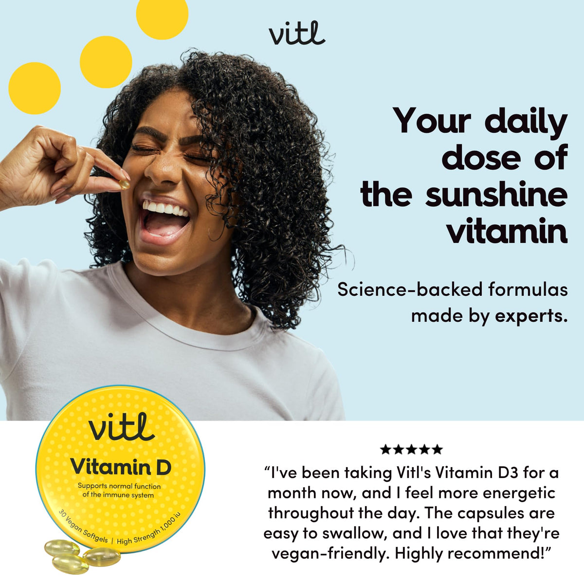 VITL Vitl Vitamin D3 | Supports the Immune System, Bones & Joints, Teeth, Muscles & Heart | High-Strength 1000 IU Formula | Easy-to-Swallow Softgels | Vegan Friendly | Pocket Tin (30)