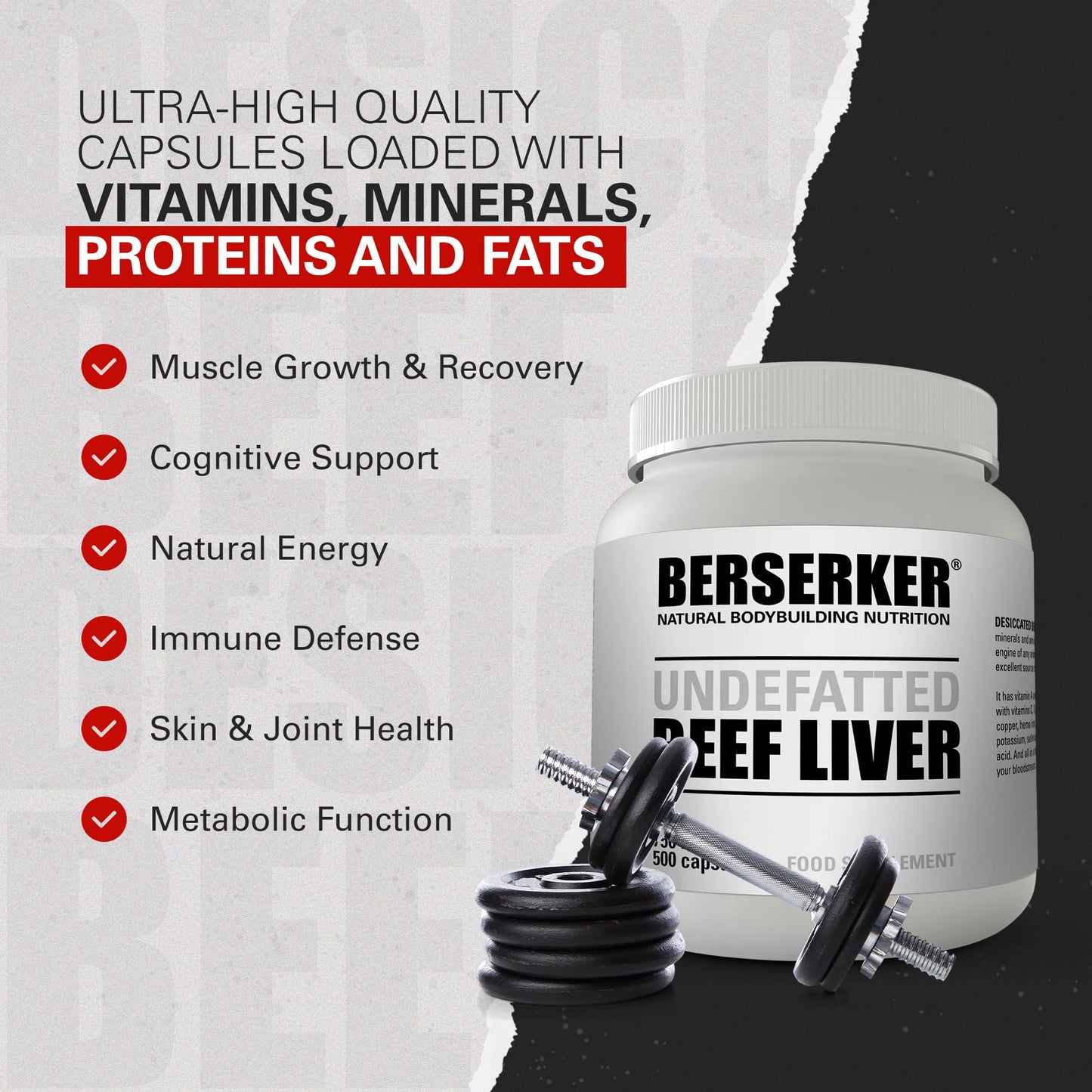BERSERKER Supplements Berserker Desiccated Beef Liver Supplement 750mg per Capsule 500 Capsules, Un-defatted to Provide Full Absorption of Naturally Occurring Vitamins and Minerals Found in Beef Liver | Made in The UK
