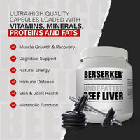BERSERKER Supplements Berserker Desiccated Beef Liver Supplement 750mg per Capsule 500 Capsules, Un-defatted to Provide Full Absorption of Naturally Occurring Vitamins and Minerals Found in Beef Liver | Made in The UK