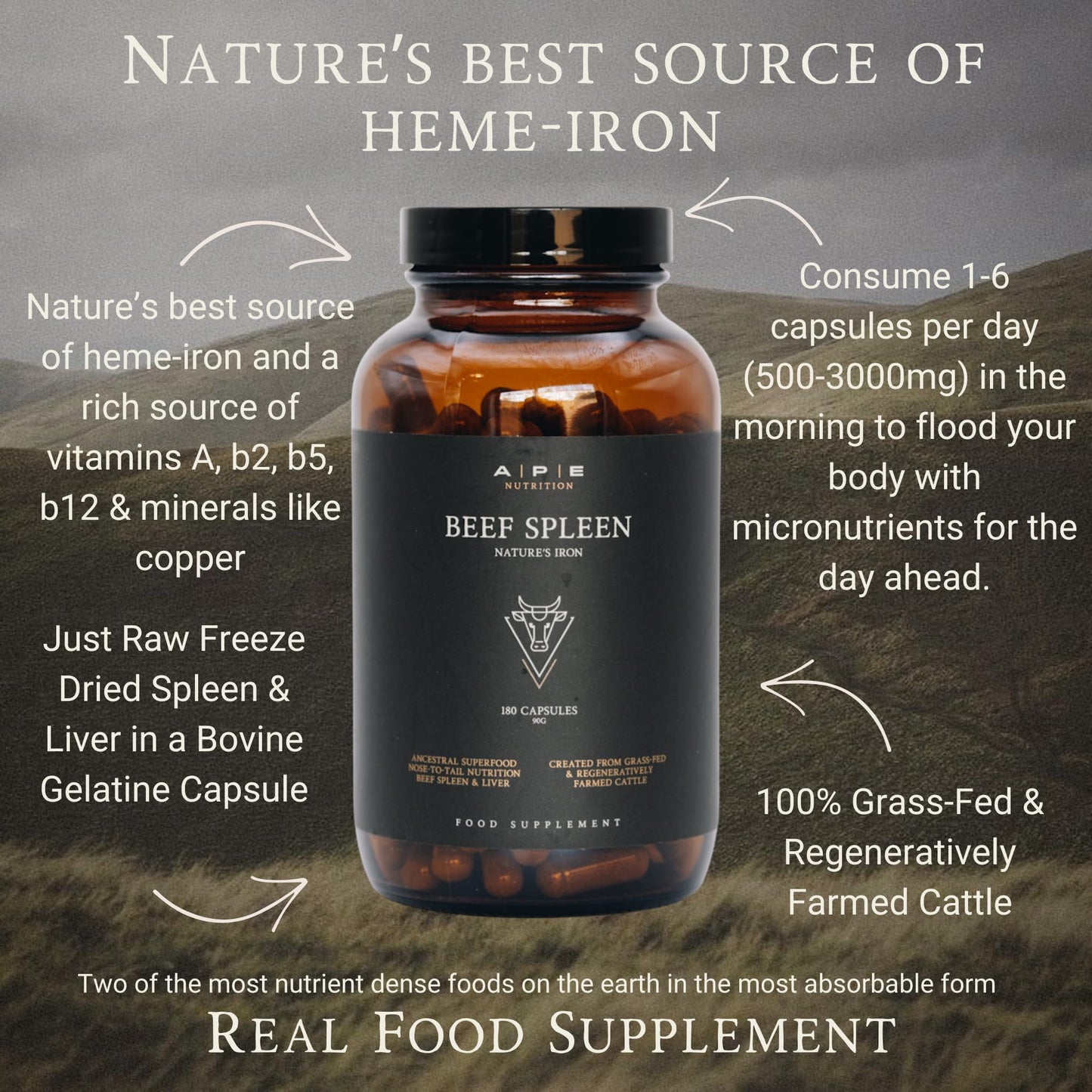 A | P | E APE Nutrition Grass Fed Beef Spleen Supplement | Natural Source of Iron, Supports Immunity, Energy & Wellbeing | 180 Capsules