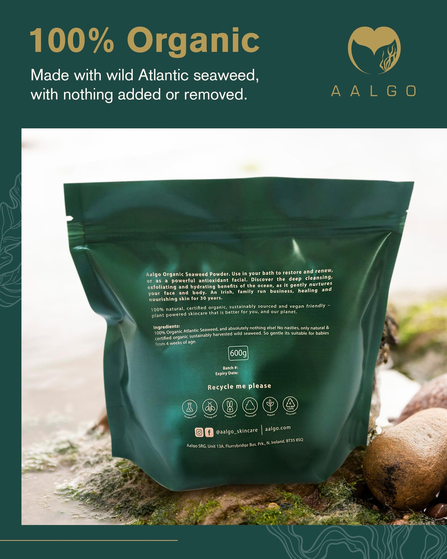 AALGO Seaweed Powder - Aalgo Skincare Organic Seaweed Sourced from Nutrient-Rich Atlantic Ocean - Gives Comfort from Skin Issues with Regular Use - Deeply Hydrates & Nourishes the Skin - 600 g