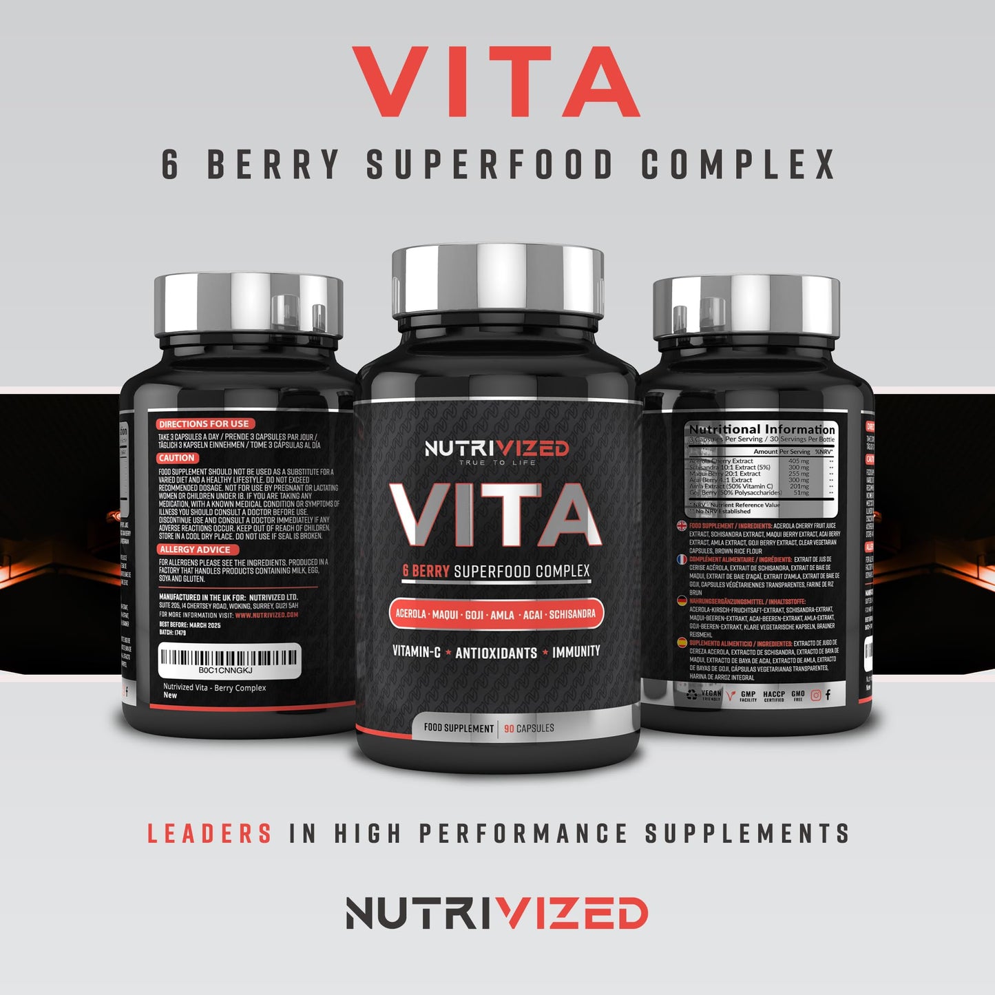 Nutrivized Vita - 6 Berry Complex with Acerola Cherry, Maqui Berry, Acai Berry, Amla Berry, Goji Berry & Schisandra High in Vitamin C and antioxidants