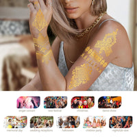 SHEBEEDO 9 Sheets Gold Metallic Temporary Tattoos,110+ Shimmer Glitter Designs Floral, Mandala,necklaces,Waterproof Long Lasting Body & Face Art Sticker for Women & Girls, Festival, Party, Beach, Cosplay