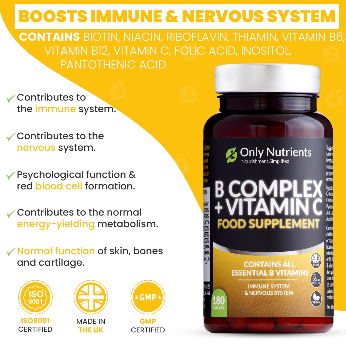Only Nutrients | B Complex + Vitamin C | 180 Vegan Tablets (6 Months Supply) | All 8 B Vitamins B1-B2-B3-B5-B6-B12, Biotin, Folic Acid, Enhanced for Energy, Immune & Nervous System Support - UK Made