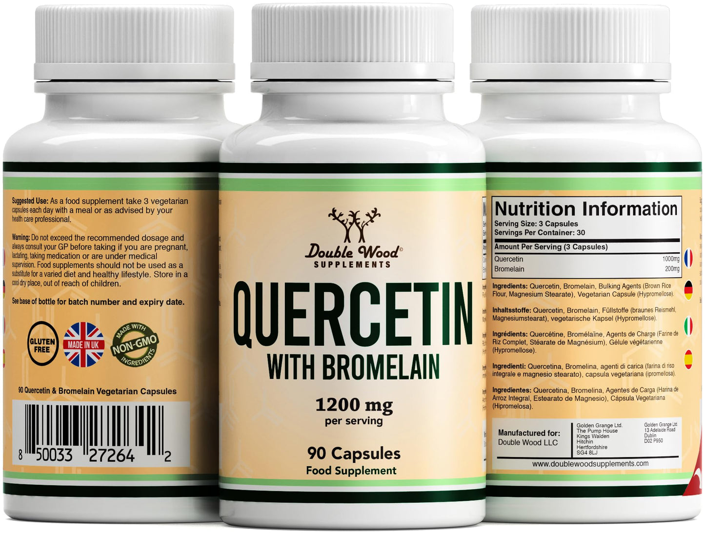 Double Wood Supplements Double Wood Quercetin 1000mg with Bromelain 200mg – 90 Vegan Capsules (30 Day Supply) – Immune Support, Antioxidant, Respiratory, Mucus & Allergy Relief – Non-GMO, UK Made