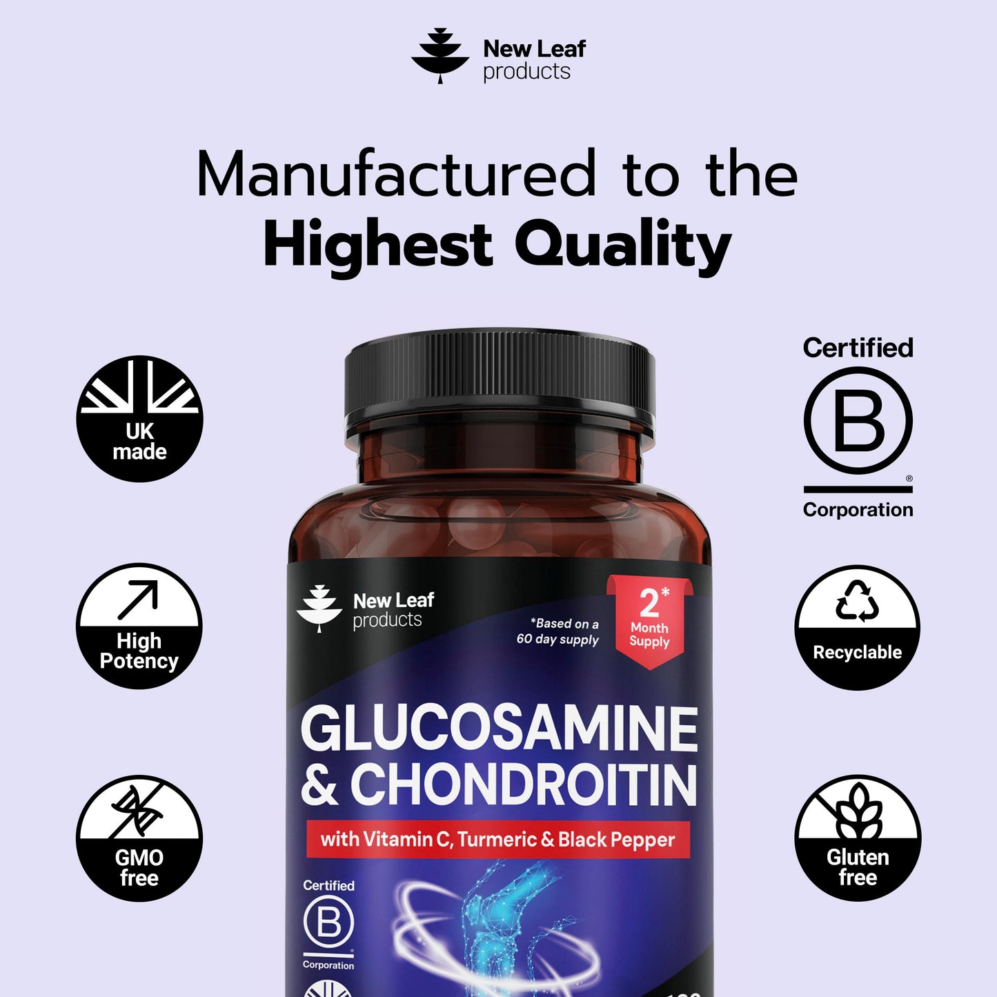 NEW LEAF PRODUCTS Glucosamine and Chondroitin High Strength - Enriched With Turmeric And Vitamin C - Glucosamine Sulphate Chondroitin Sulphate, Food Supplement - Contributes To The Normal Function of Bones 120 Capsules