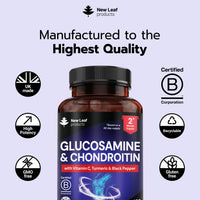 NEW LEAF PRODUCTS Glucosamine and Chondroitin High Strength - Enriched With Turmeric And Vitamin C - Glucosamine Sulphate Chondroitin Sulphate, Food Supplement - Contributes To The Normal Function of Bones 120 Capsules