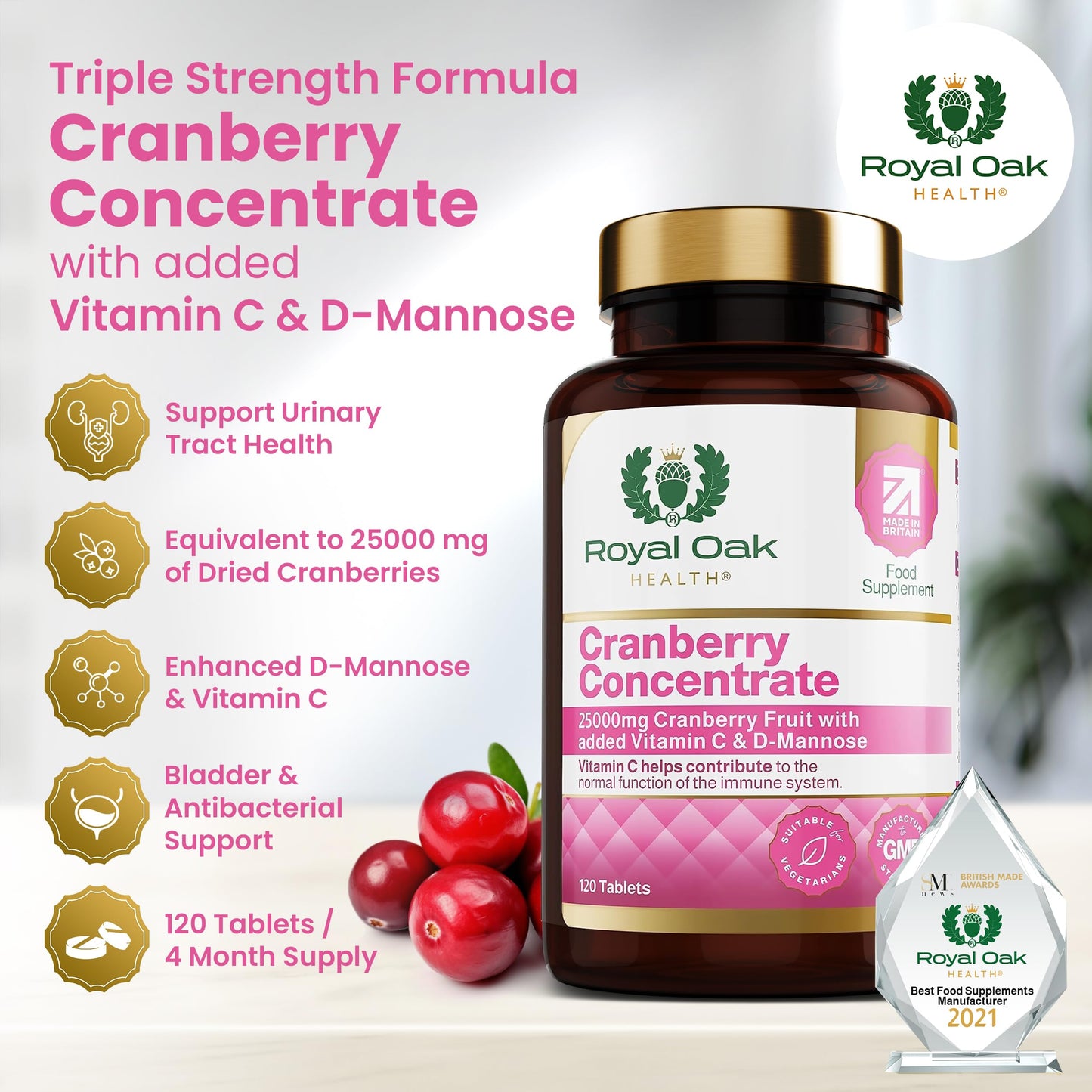 Premium Cranberry Concentrate 25,000mg with D-Mannose & Vitamin C |4 Month Supply x120 Tablets | Non-GMO, Gluten Free, Cranberries Fruit Extract Supplement for Women| UK Made by Royal Oak Health