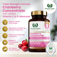 Premium Cranberry Concentrate 25,000mg with D-Mannose & Vitamin C |4 Month Supply x120 Tablets | Non-GMO, Gluten Free, Cranberries Fruit Extract Supplement for Women| UK Made by Royal Oak Health