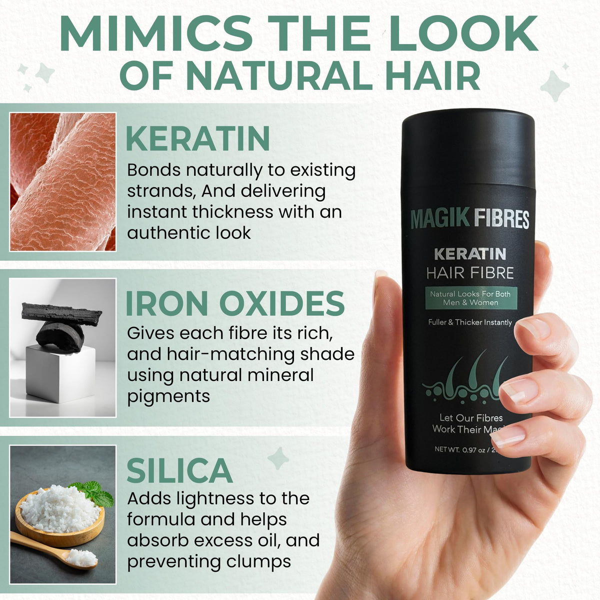 Magik Fibres Hair Fibres for Men and Women, Premium Keratin Hairline Powder for Thinning Hair, Adds Instant Volume for a Natural Look, Sweat Resistant, No Clumps, 27.5g Bottle (Medium Brown)