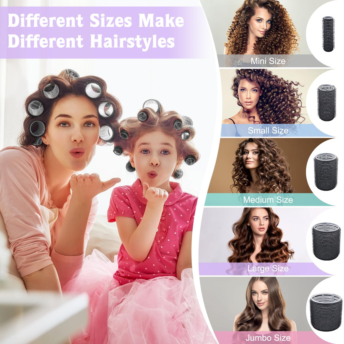 BELICOO 60 PCS Hair Rollers with Clips, 5 Sizes(60/48/36/25/15mm) Hair Curlers Rollers with 28 Metal Clips, Perfect for Long Medium Short Thick Hair (Black)