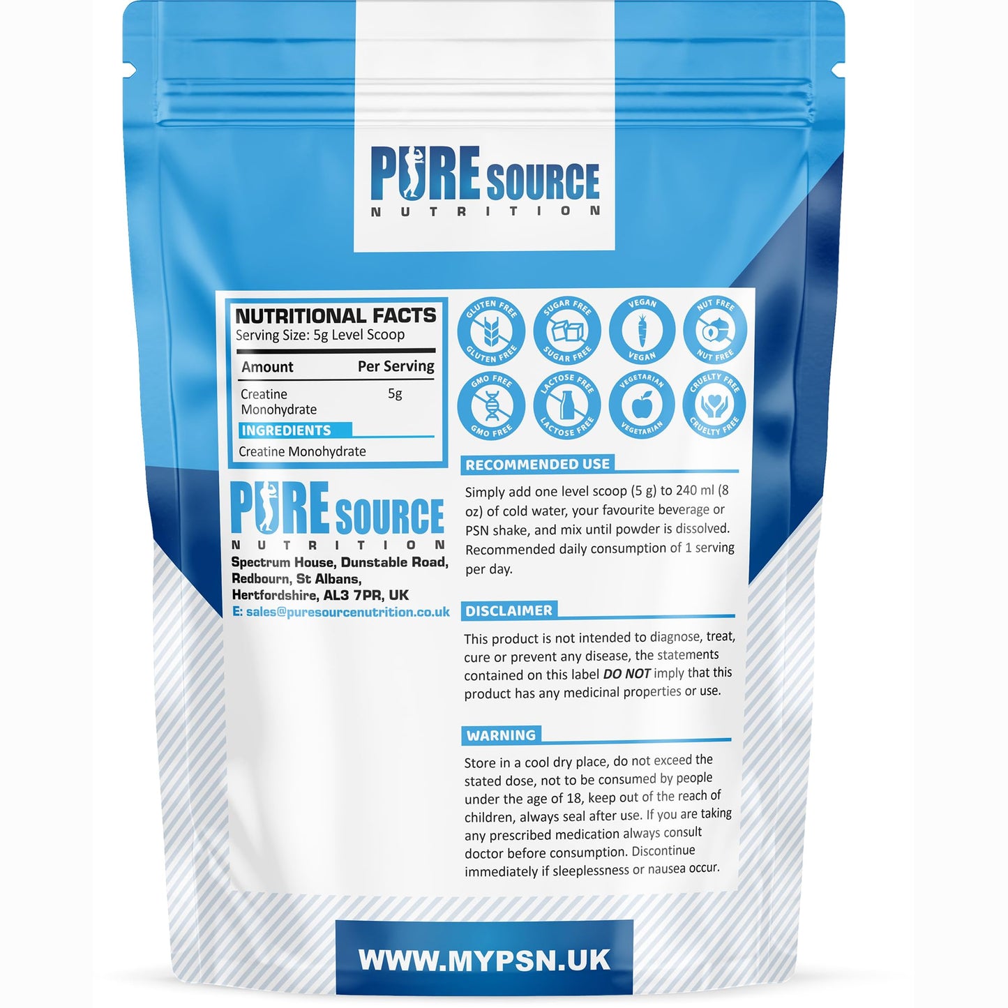 Pure Source Nutrition Creatine Monohydrate Powder Vegan Gluten Free 100% Micronised Creatine Unflavoured Proven to Improve Physical Performance and Recovery Powder (250g)