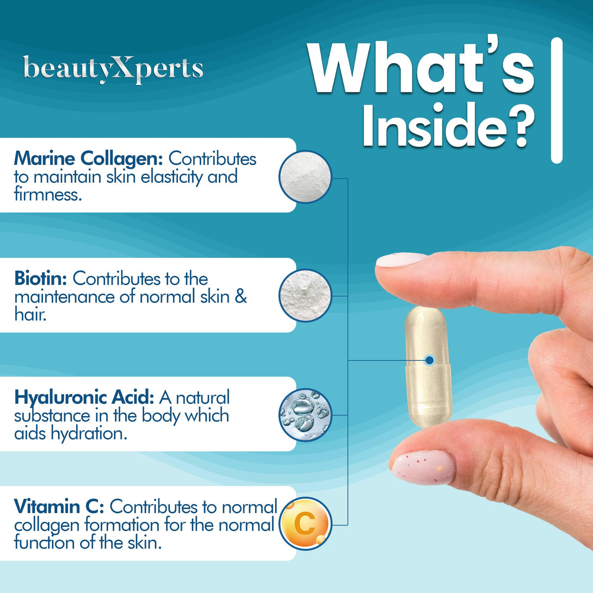 BeautyXperts Marine Collagen Capsules | with Biotin, Hyaluronic Acid & Vitamin C | High Strength Pure Collagen Peptides Supplements for Women and Men | 60 Capsules (Not Tablets or Powder)