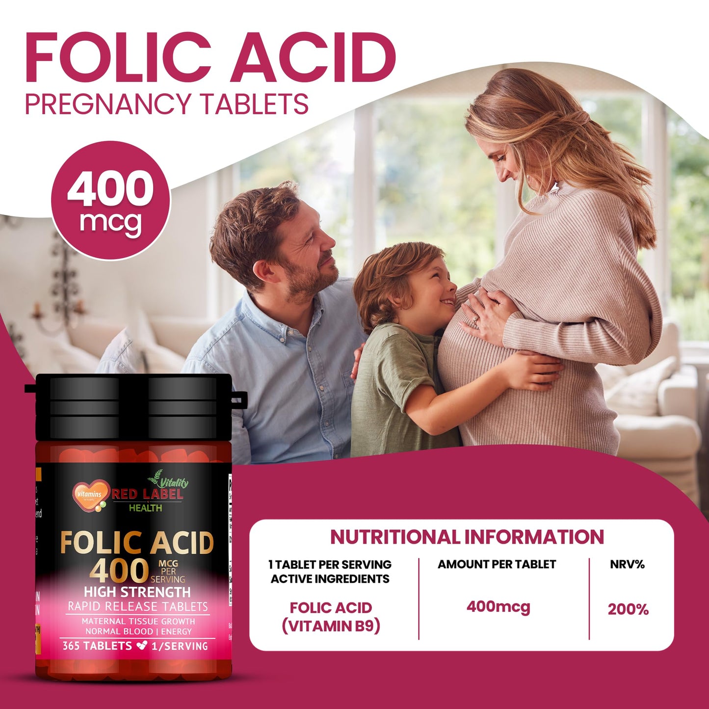 Red Label Health Folic Acid Tablets 400 mcg - 365 Vegan Vitamin B9 Tablets - 1 Year Supply - Pregnancy Care - Normal Function of Immune System & Maternal Tissue Growth During Pregnancy