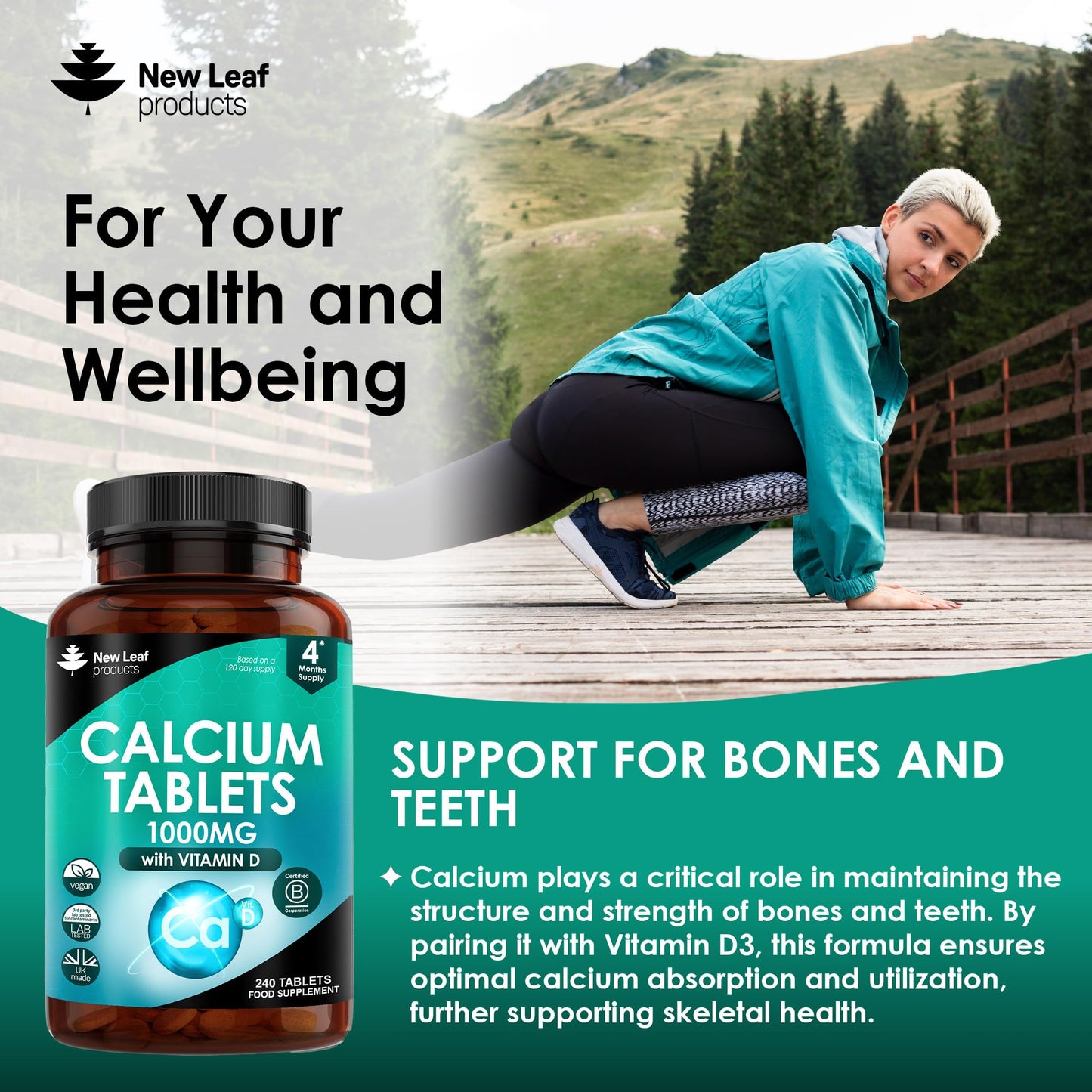 NEW LEAF PRODUCTS Calcium and Vitamin D3 Tablets - Calcium Supplement - 240 High Strength Calcium Tablets Supplement Calcium Vitamin D3 Tablets - Calcium Complex Made in The UK by New Leaf