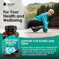 NEW LEAF PRODUCTS Calcium and Vitamin D3 Tablets - Calcium Supplement - 240 High Strength Calcium Tablets Supplement Calcium Vitamin D3 Tablets - Calcium Complex Made in The UK by New Leaf