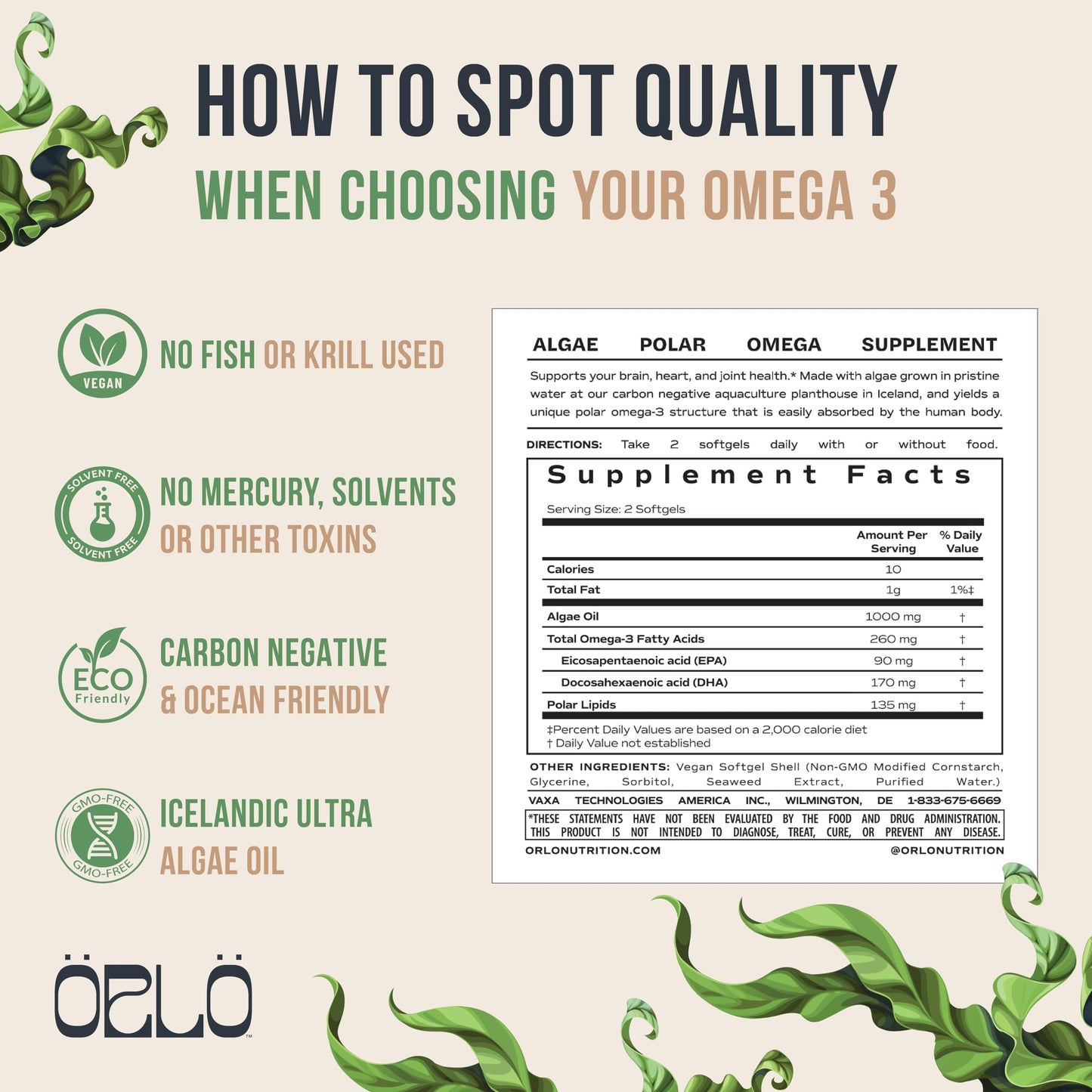 Orlo Omega 3 - Vegan Omega 3 Supplement - Triple Strength Omega3s - Plant Based DHA & EPA Fatty Acids - Algae Omega-3 Oil - Sustainable Krill or Fish Oil Alternative (60 Mini Softgels Kit)
