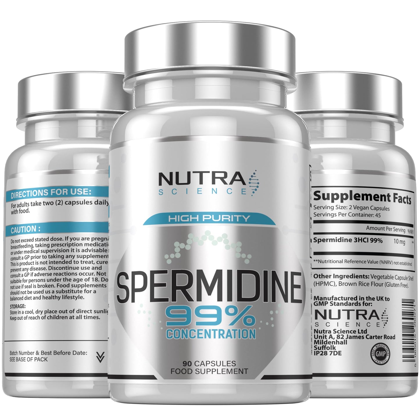 Nutra Science Spermidine 99% Concentration | 100X More Potent Than Wheat Germ Spermidine Supplements | 90 Vegan Spermidine Capsules 10mg Serving Highest Purity in The UK