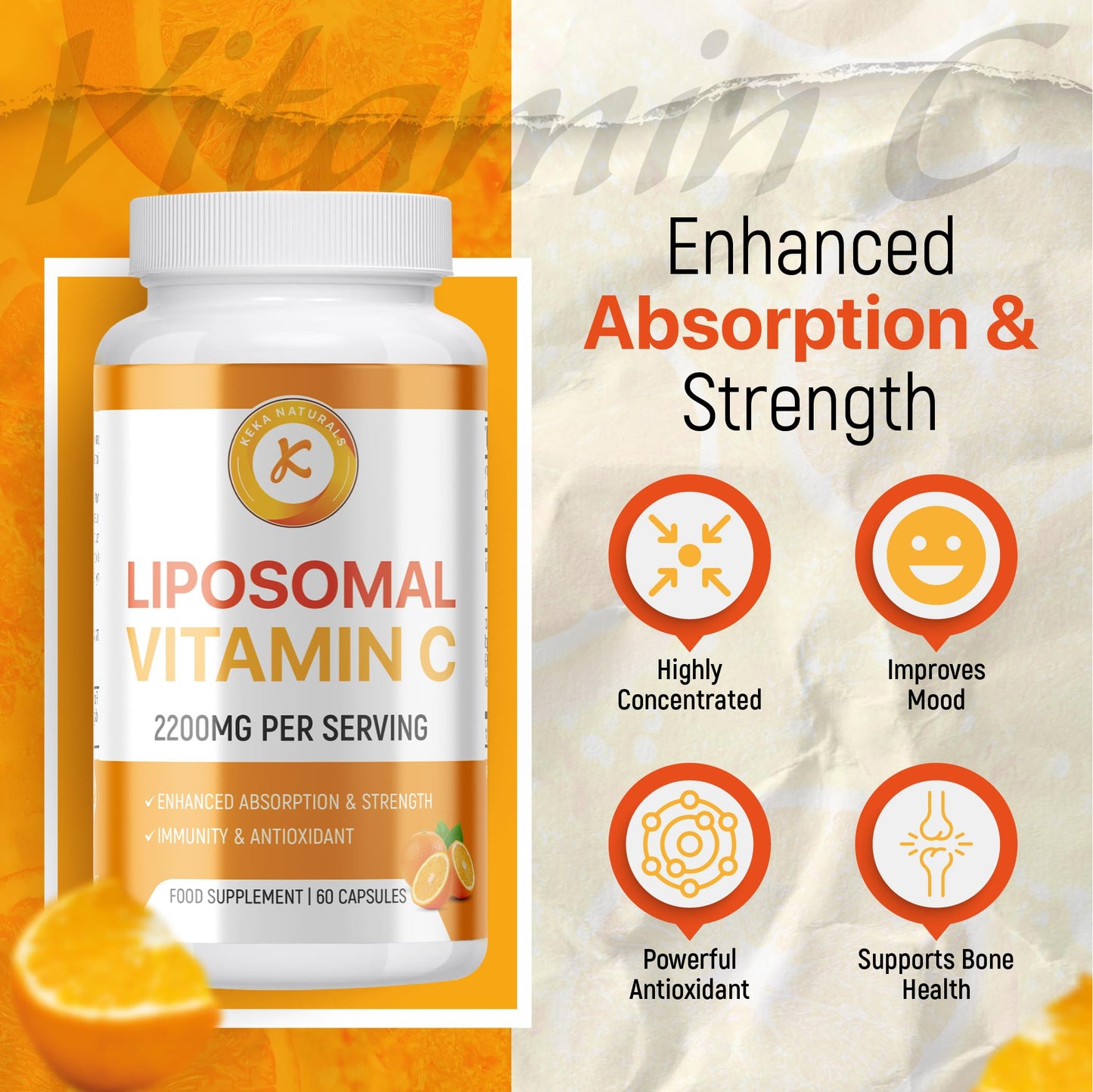 Keka Naturals Liposomal Vitamin C 2200mg, Max Absorption, High Strength, Antioxidant, No additives, Non-GMO - 60 Capsules