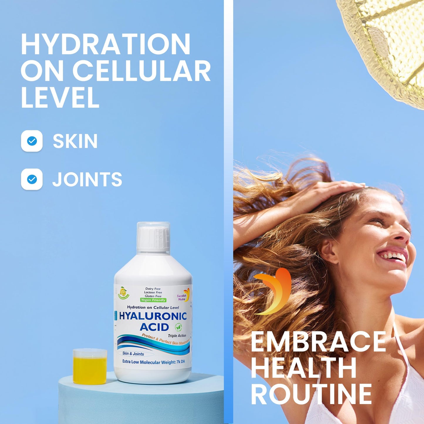 Swedish Nutra - Hyaluronic Acid Liquid Supplement - Pack of 500 ml, 33 Day Supply | Plus Vitamin C & Silica for Skin & Joint Hydration | Vegan & Free from Sugar & Gluten | 100% Natural Lemon Flavour