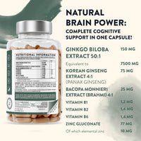 AAVALABS Ginkgo Biloba High Strength - 7500mg - 50:1 Extract - with Bacopa Monnieri, Ginseng, Vitamin B6, B1, B2, & Zinc -180 Nootropic Ginkgo Biloba Capsules - Packed with Flavonoids