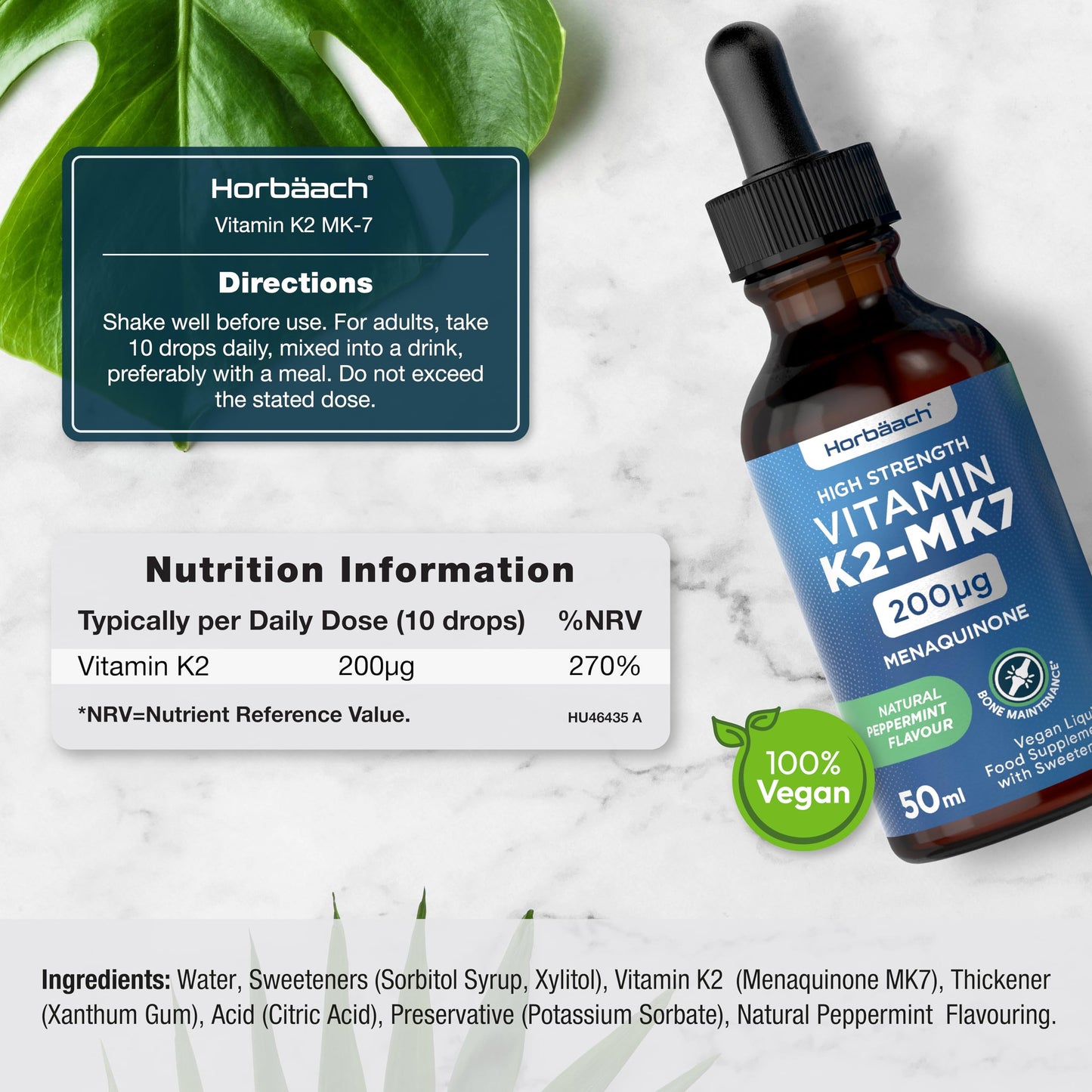 Vitamin K2 MK7 Drops 200ug | 50 ml | High Strength Vitamin K2 as Menaquinone MK7 | Peppermint Flavour | Vegan Liquid Food Supplement | by Horbaach