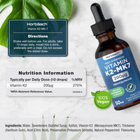 Vitamin K2 MK7 Drops 200ug | 50 ml | High Strength Vitamin K2 as Menaquinone MK7 | Peppermint Flavour | Vegan Liquid Food Supplement | by Horbaach