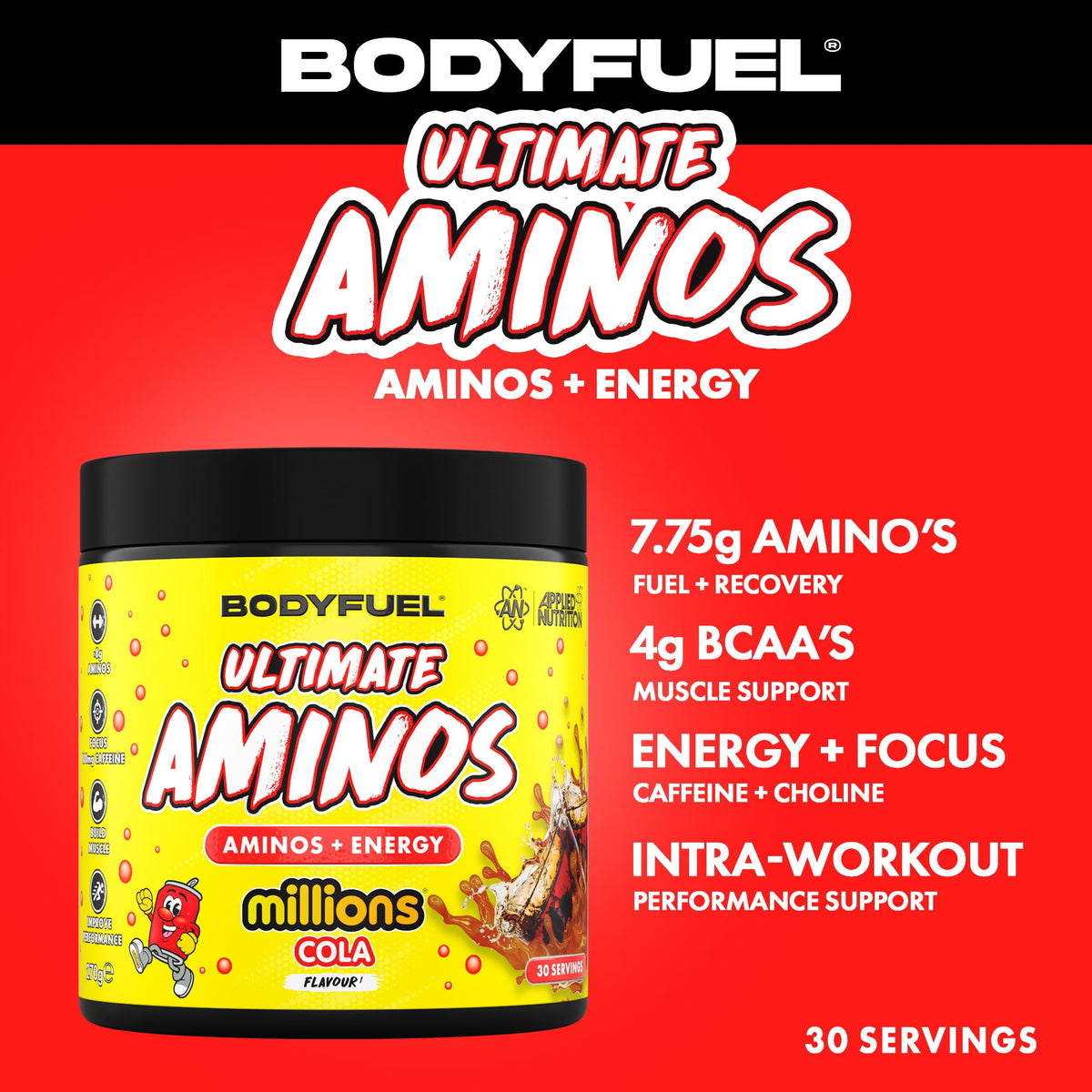 Applied Nutrition BodyFuel Amino's - Amino Acids Supplement, EAA Essential Amino Acids Powder, Muscle Fuel & Recovery (270g - 30 Servings) (Millions Cola)