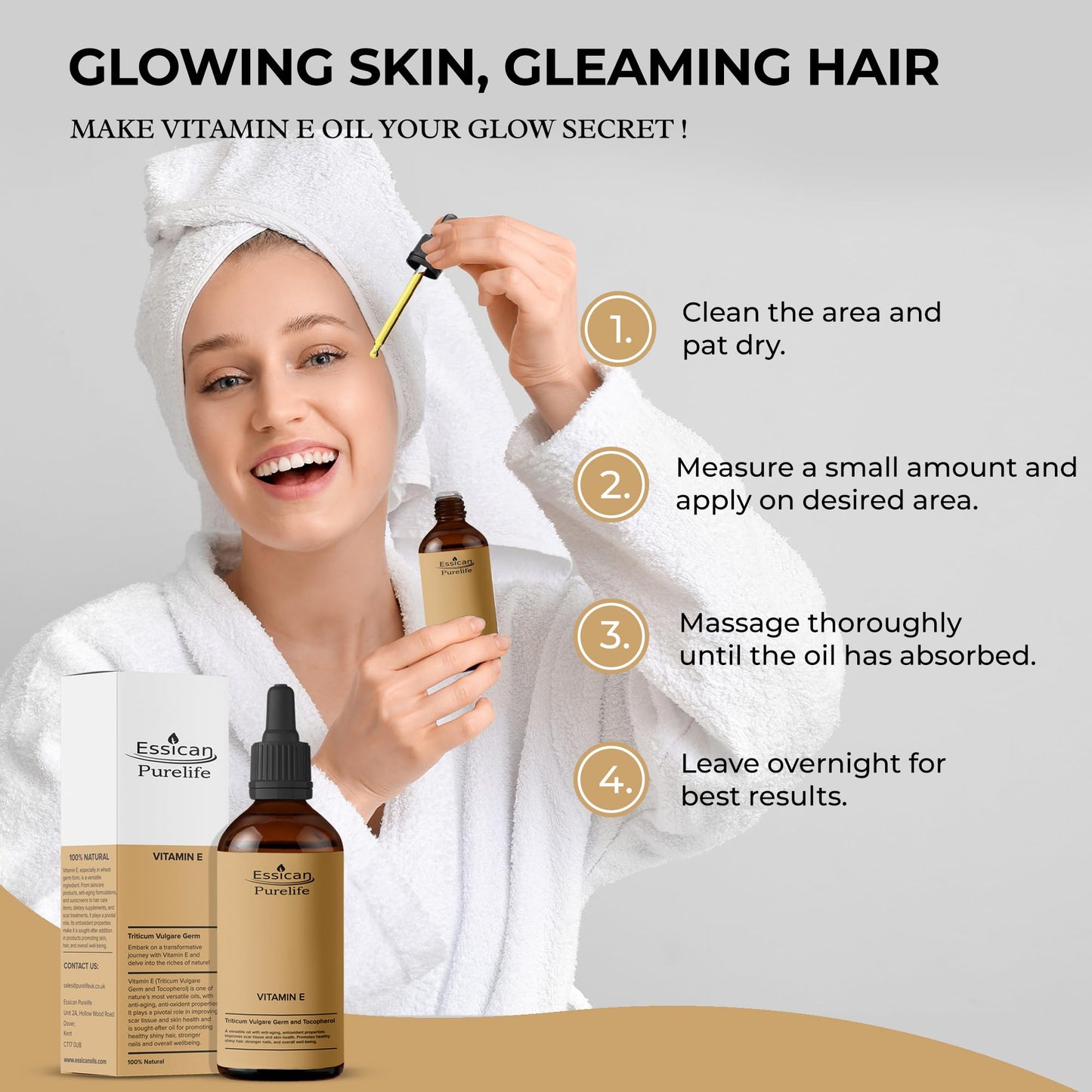 Essican Purelife Premium Vitamin E Oil - 100% Pure Vitamin E Oil For Face, Hair & Nail - Vitamin E Oil For Skin, Vitamin E Oil For Hair &, Scalp, Vitamin E For Scars - Vitamin E Vegan & Cruelty-Free - 100ml