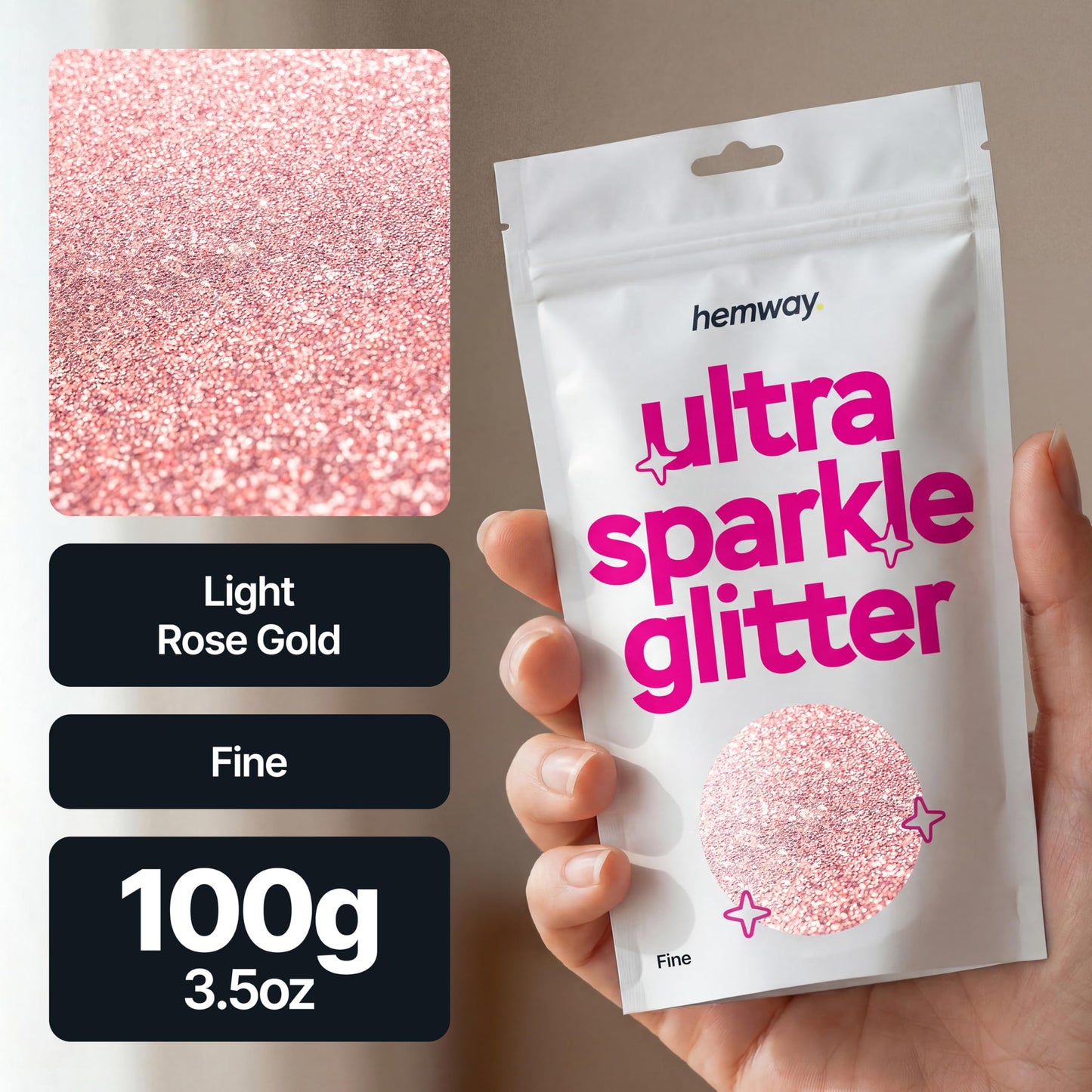 Hemway Ultra Sparkle Glitter Light Rose Gold 100g Fine | Glitter for Arts & Craft, Makeup, Nail Art, Crafting, Card Making, Sparkle Decoration