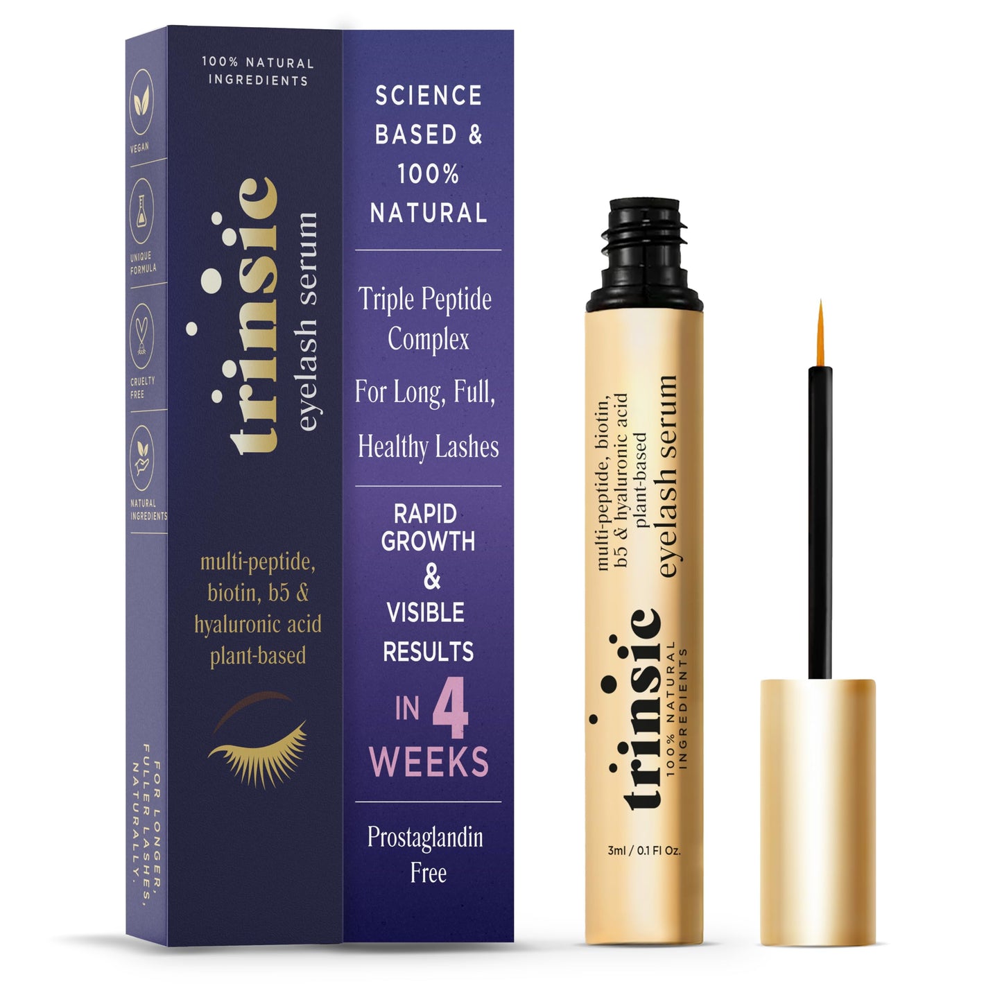 Trinsic Natural Lash Serum - Rapid Growth with Multi-Peptide, Biotin & Hyaluronic Acid - Enhancing & Conditioning Eyelash Serum for Thicker, Longer & Healthier Lashes - Gentle & Safe Advanced Formula