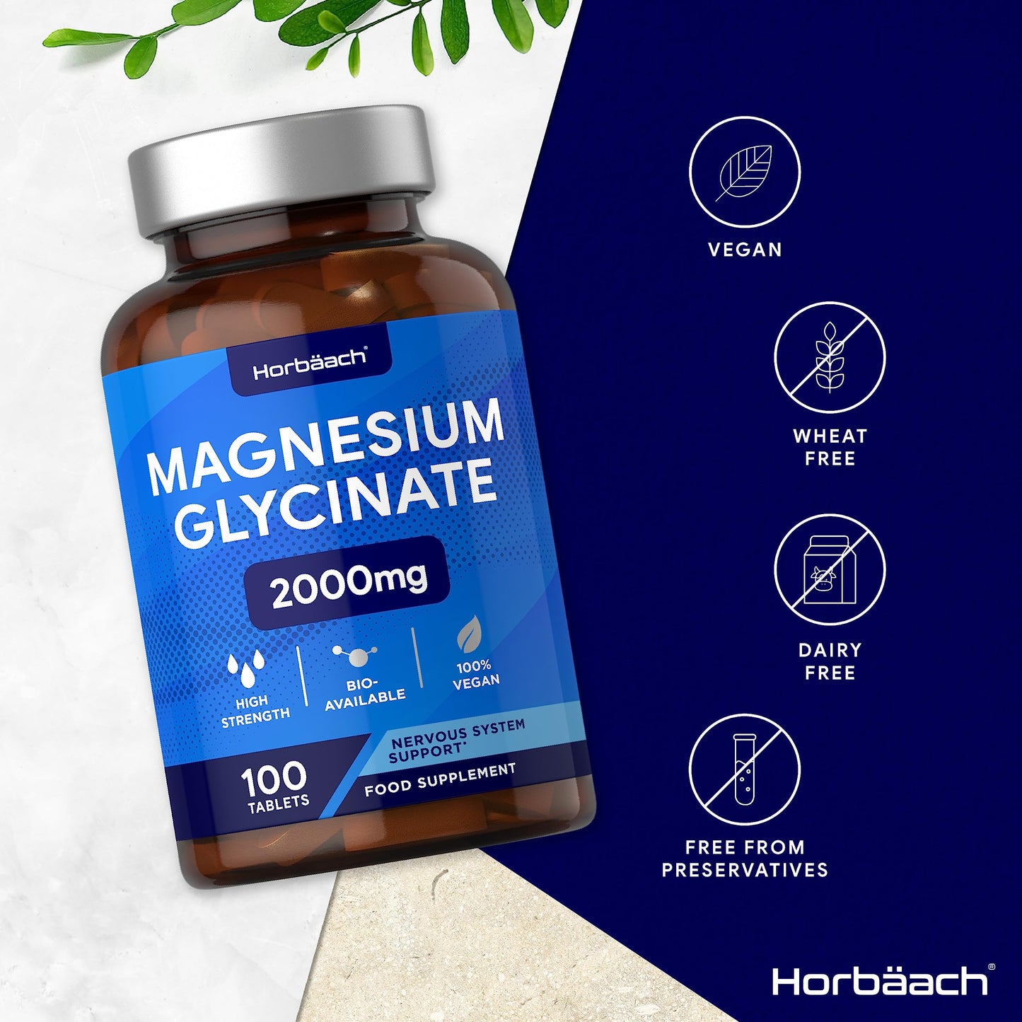 Magnesium Glycinate Supplement | 2000mg | 100 Vegan Tablets | High Strength Providing 400mg of Elemental Magnesium | Nervous System Support | by Horbaach