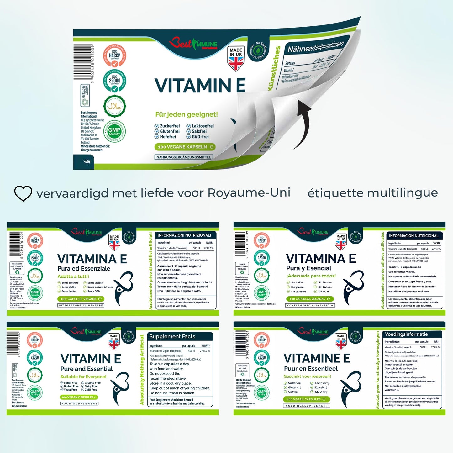 Best Immune International Best Immune, 100% Vitamin E 500iu Improved Formula 100 Vegan Capsules Highest bioavailability