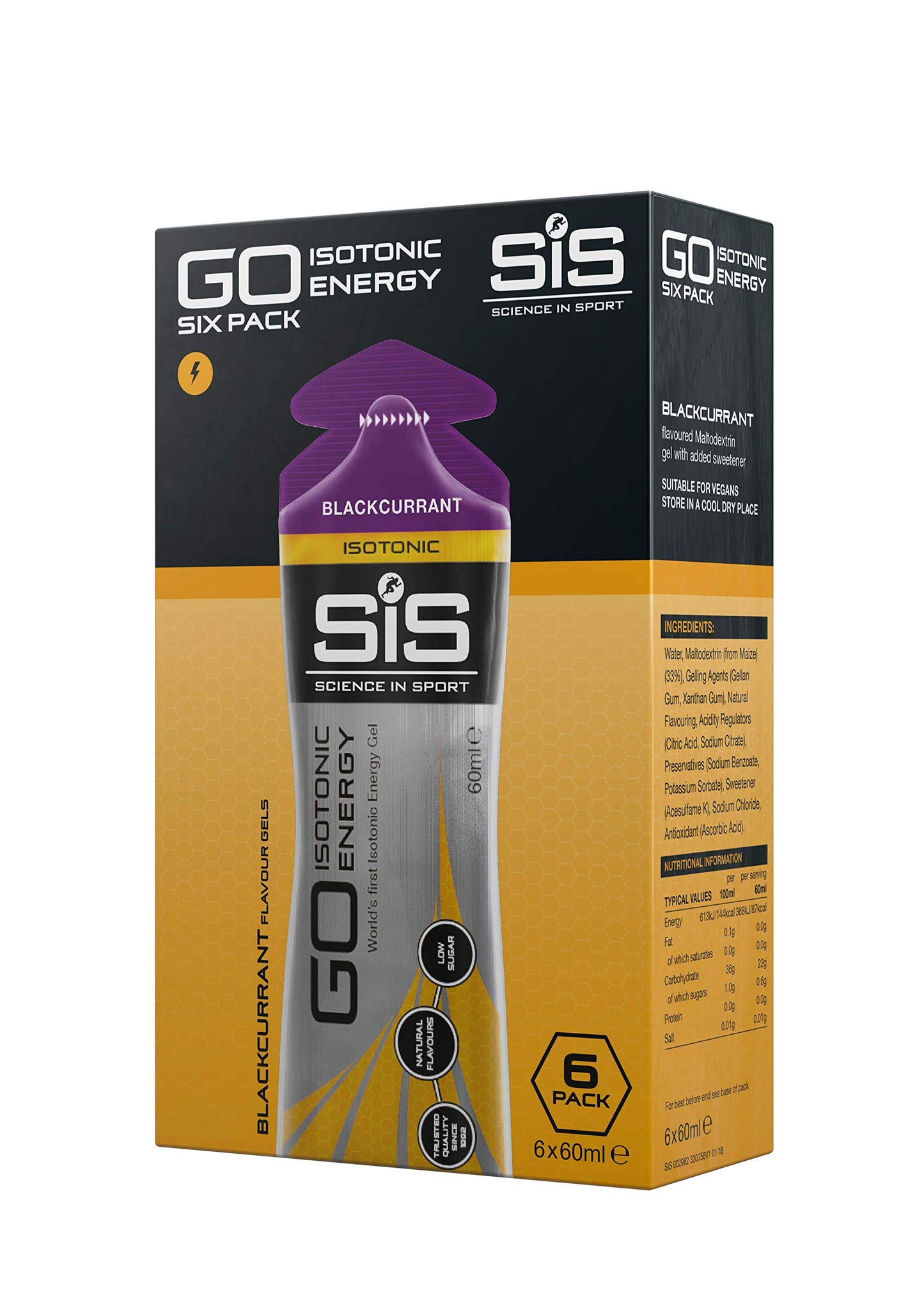 Science in Sport Science In Sport GO Isotonic Energy Gels, Running Gels with 22 g Carbohydrates, Low Sugar, Blackcurrant Flavour, 60 ml Per Serving (6 Pack)