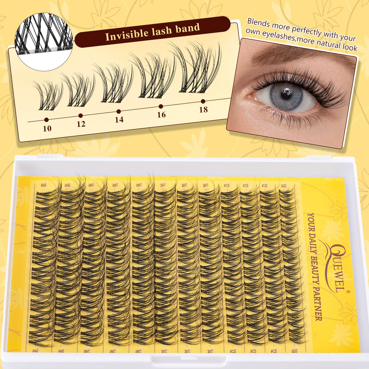 QUEWEL Natural Cluster Lashes D Curl Wispy Eyelash Clusters Mix 10-18mm, Eyelashes Individual DIY Lash Extensions at Home(QU43)