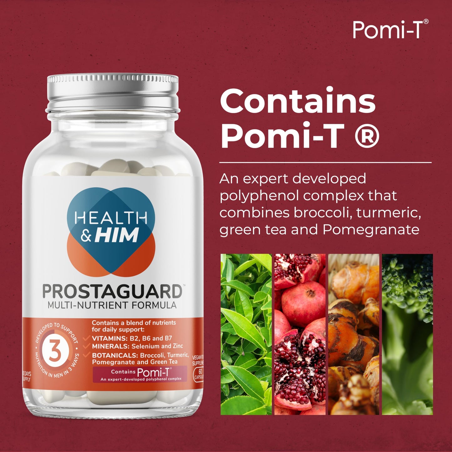 Health and Him Health & Him Prostate Supplements for Men - with Pomi-T Polyphenol Blend, Turmeric, Selenium & Zinc, Vegan & Gluten Free - 3 Month Supply, 180 Capsules