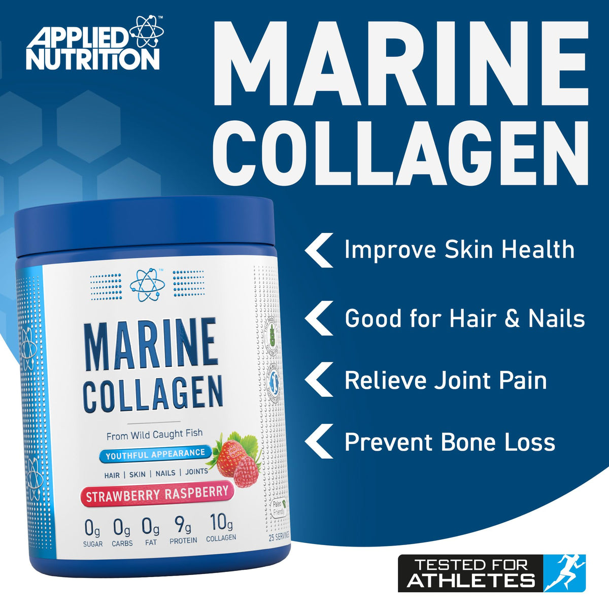 Applied Nutrition Marine Collagen Powder - Hydrolysed Collagen Protein, Healthy Skin, Hair, Nails (Strawberry & Raspberry) (300g - 25 Servings)