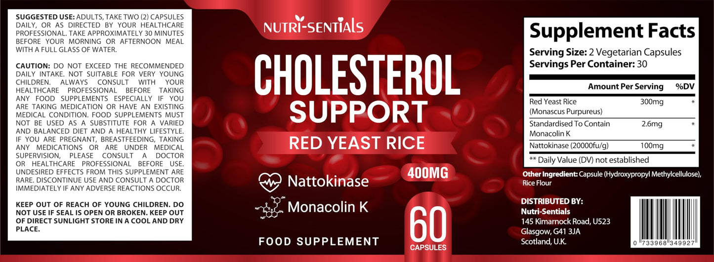 Cholesterol Support Red Yeast Rice, Nattokinase, and Monacolin K 2.6mg Daily Supplement 60 Vegetarian Capsules, 400 mg